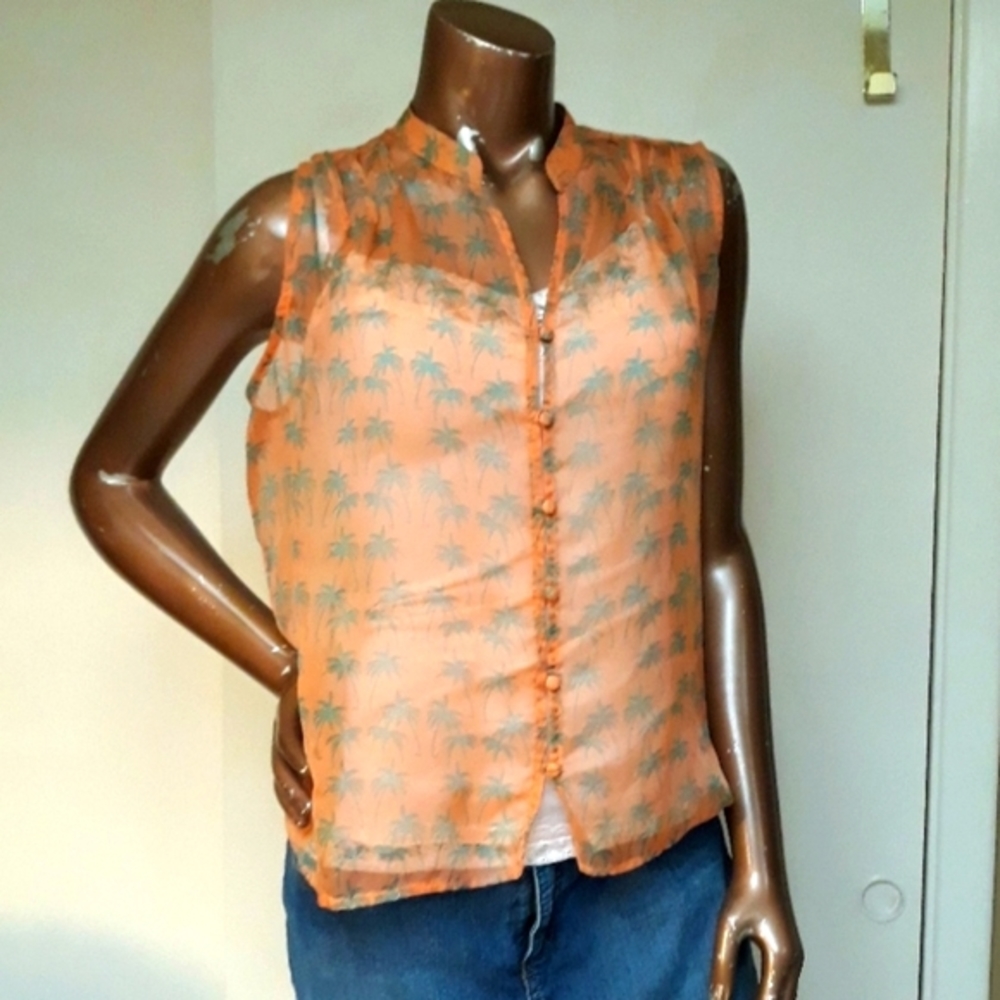 Bar III  Chiffon Orange Palm Tree Blouse